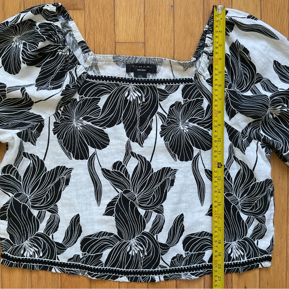 Tahari Linen Blouse Black White Floral Balloon Sleeve Square Neck Size M Beach - Picture 7 of 8